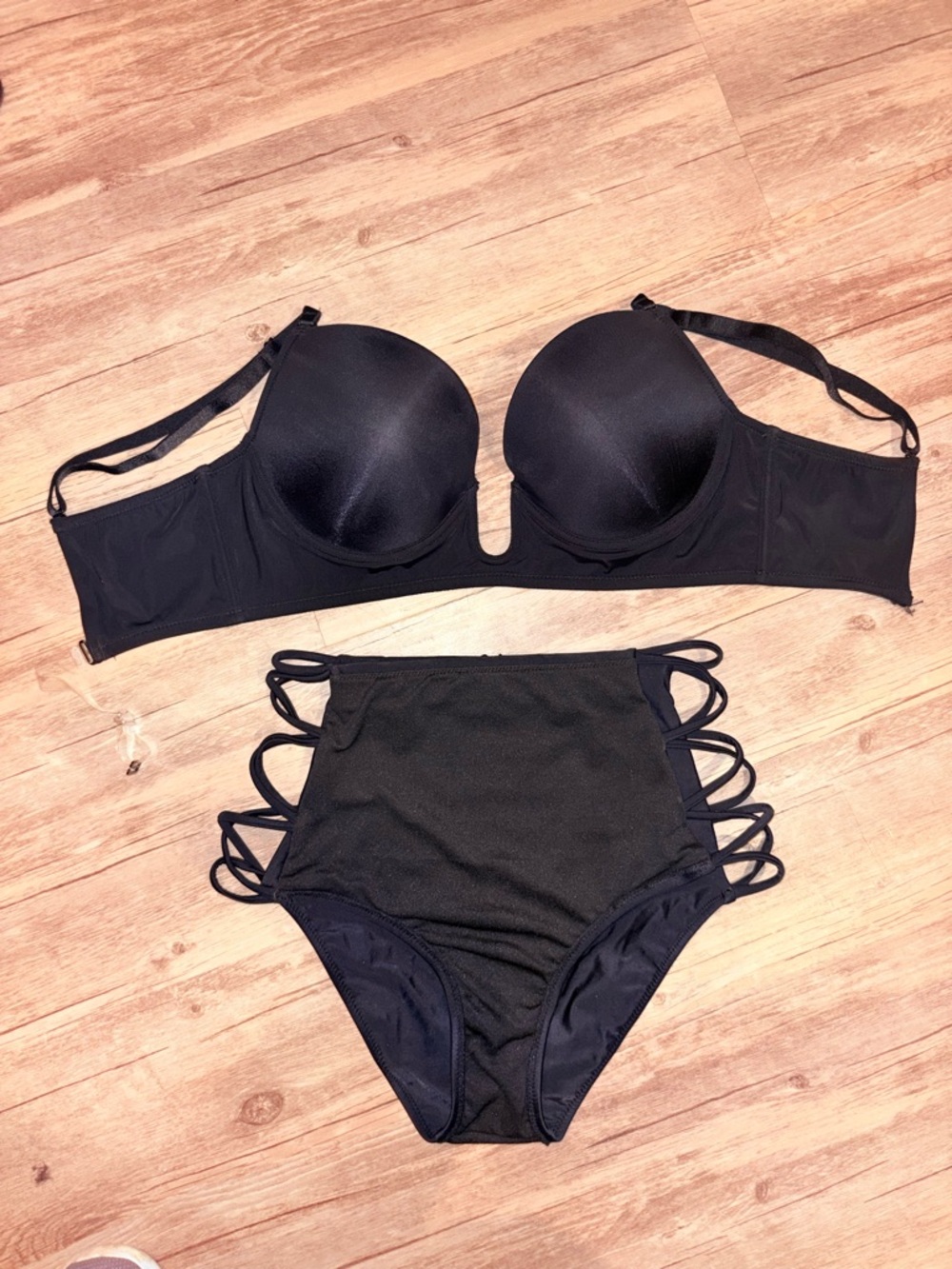Black High-Waist Strappy Bikini Set - Women Swim